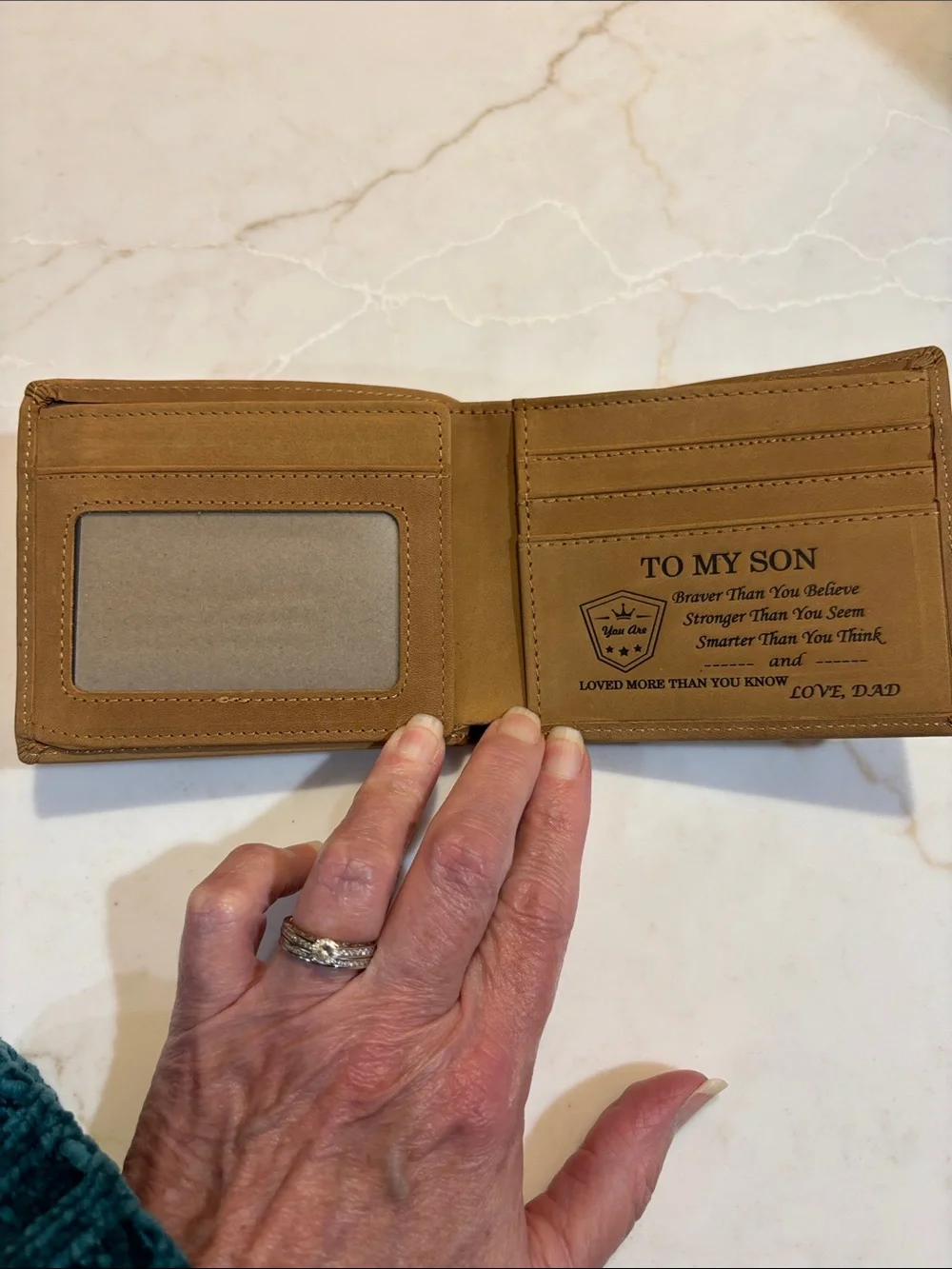 Classic Suede Men's Bifold Leather Wallet with Inscription to Son Tan with Dusty